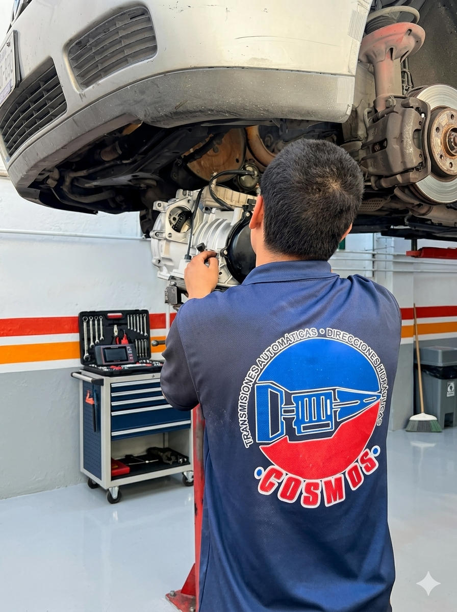 Técnico Cosmos trabajando bajo un vehículo